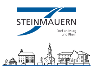 Logo von Steinmauern mit der Skyline, die Rathaus, Kirche und Bürgerhaus Alte Schule zeigt